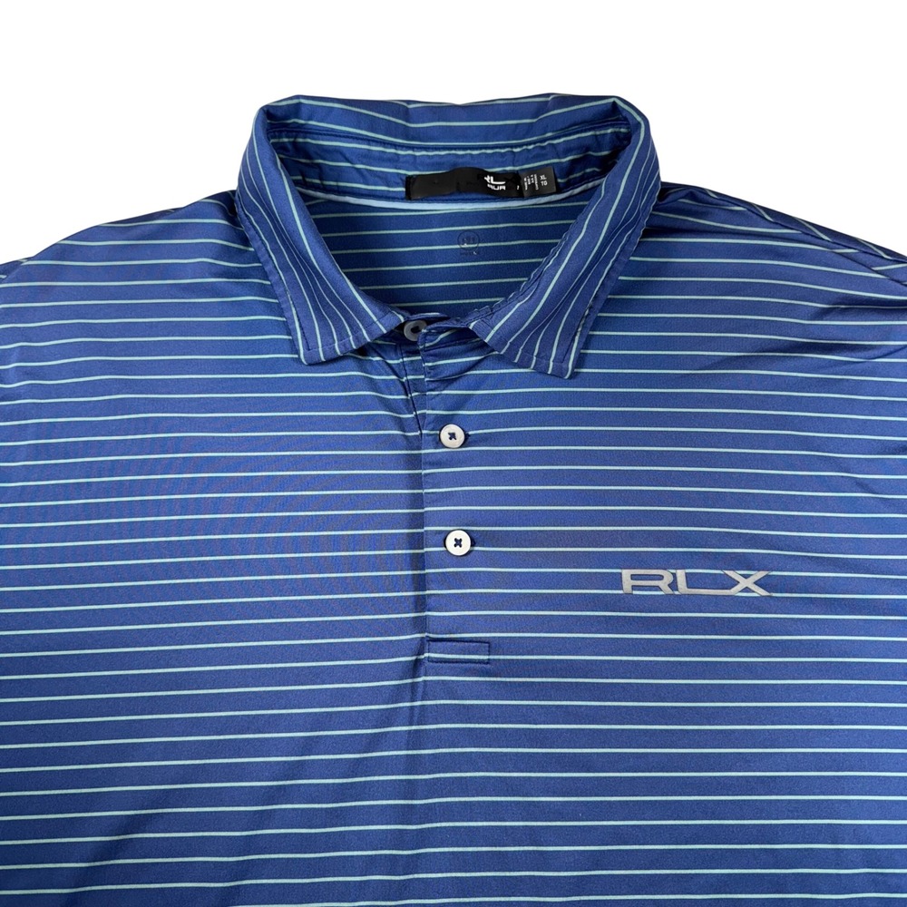 RLX‎ Ralph Lauren Mens Golf Polo Shirt XL Blue Stripe Performance Short Sleeve
